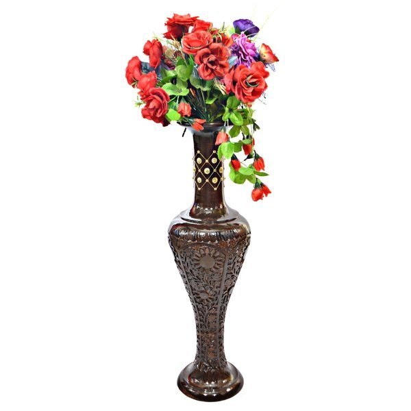Antique Decorative Brown Hand Curved Mango Wood Floor Flower Vase with Unique Textured Pattern, 30